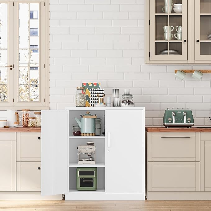 Fesbos Metal Storage Cabinet-36” Tall Steel File Cabinet with Lockable Doors and Adjustable Shelves-White Steel Storage Cabinet for Home, School, Office, Garage