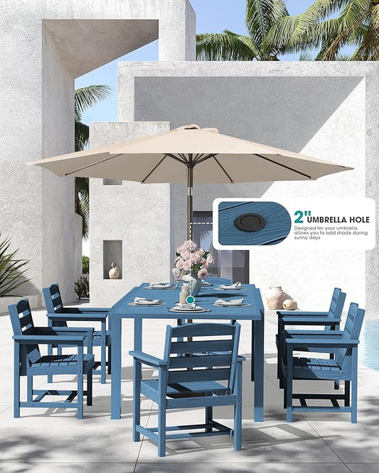 SERWALL 10-Piece Patio Dining Sets with 15FT Patio Umbrella, Blue | 60" - 83" Expandable Outdoor Dining Table and 8 HDPE Chairs, All Weather HDPE Outdoor Furniture Set