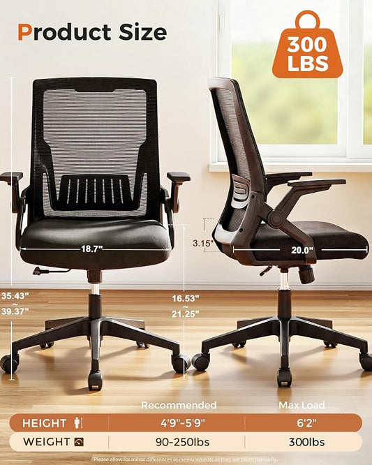 GTPLAYER Ergonomic Office Chair with Flip-up Armrests Executive Computer Chair for Home Office, Breathable Mesh & Comfy Lumbar Support, Black