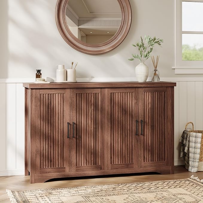 Memobarco Fluted Buffet Cabinet with Storage Accent Sideboard,Modern Credenza with 4 Doors & Adjustable Shelves,Wood Coffee Bar Table Console for Dining Room Kitchen Living Room Entryway, Walnut