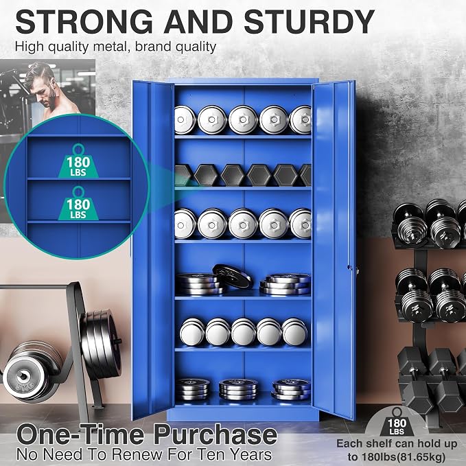SISESOL Blue Metal Storage Cabinet with 6 Shelves,71" Garage Storage Cabinet with Lock,6 Tier Steel Cabinets with Locking Doors,Lockable Cabinets for Home,Office,Shop,Garage