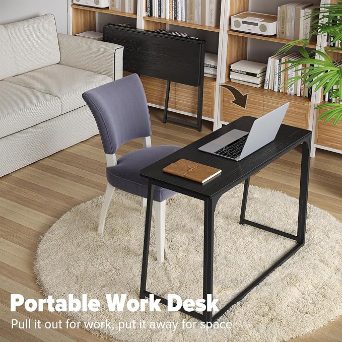 WOHOMO Folding Desk, 39.4" Narrow Writing Foldable Desk, Space-Saving Laptop Table, Easy Assemble Workstation for Home Office, Black
