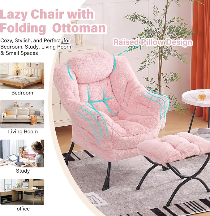 Furlide Lazy Chair with Ottoman, Modern Accent Chair with Armrests and a Side Pocket, Plush Pink Accent Chairs, Reading Chairs, Oversized Armchairs for Bedroom, Study, Living Room, Courtyard