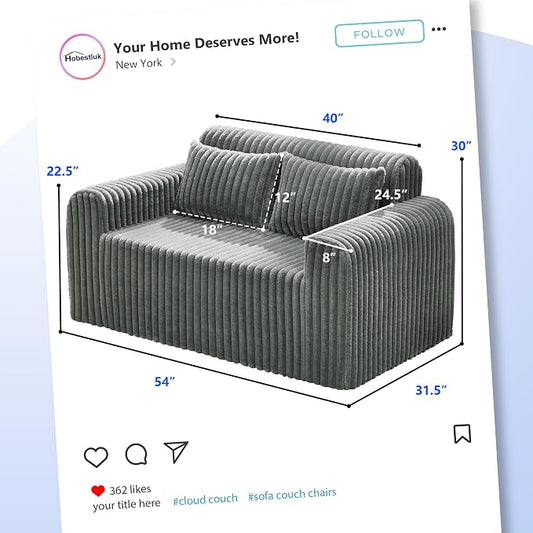 Hobestluk Couch Sofa 2-Seater Foam Sofa Loveseat for Small Spaces Comfy Sofas with Removable Cover Furry Couch with Pillows for Living Room, Bedroom, Apartment, Office (Grey, Loveseat)