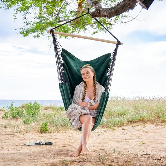 SUNCREAT Hammock Chair Hanging Rope Swing Seat-Max 450lbs Capacity, Extra Large Hanging Swing with Metal Support Bar, Side Pocket, Green
