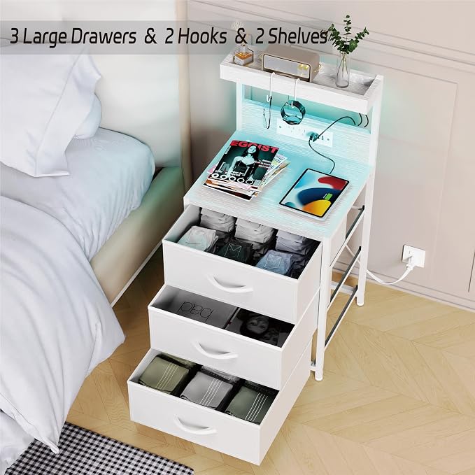 Night Stand with Charging Station Set of 2, LED Nightstand Bedside Table with USB Ports and Outlets, 3 Fabric Drawer End Side Table Night Stand Set 2 for Bedroom with Storage Shelf and 2 Hooks, White