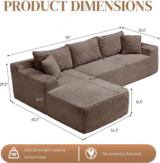 95" L Shaped Cloud Boneless Sectional Couches for Living Room, Modern Comfy Modular Deep Seat Memory Foam Compressed Corduroy Sofa Oversized Left Facing Chaise, No Assembly Required, Brown