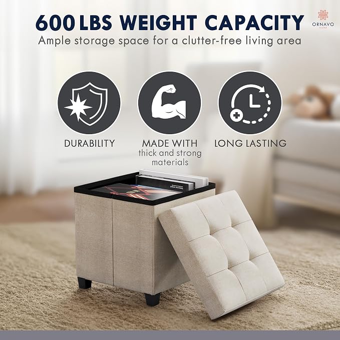 Ornavo Home Storage Ottoman with Legs, Square Cube Foot Rest Stool Seat, for Living Room, Bedroom, Home Office, Dorm - 15 x 15 x 15, Beige