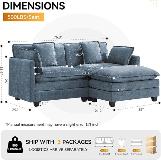 76'' Cloud Deep Seat Loveseat Sofa, Upholstered Chenille Modular 2-Seats Sectional Sofa Couch with Movable Ottoman, Modern Comfy Settee Loveseat for Living Room Set, Small Apartment, Blue