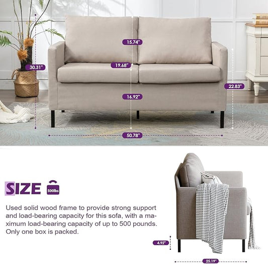 TYBOATLE Modern Beige Small Loveseat Sofa Couch for Living Room, 51 Inch Upholstered 2-Seater Love Seats w/Iron Legs for Compact Small Space, Apartment, Bedroom, Dorm, Office