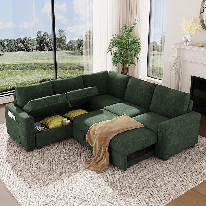 Vesgantti 88.4" Sectional Sleeper Sofa with Pull Out Bed, 5 Seater L Shaped Modular Sectional Couch with Storage, Comfy Chenille Modular Couch for Living Room, Bedroom, Apartment, Green