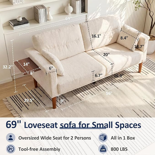 Vipbear 69" Loveseat Sofa,Modern Couches for Small Spaces,Beige Chenille Love Seat Couch for Living Room,Bedroom,Apartment,Office,Deep Seat,Armrest Tabletop,Throw Pillow