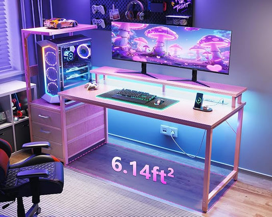 AODK 59 Inch Gaming Desk with USB Charging Ports & LED Light- Reversible Computer Desk with Storage Shelves & Monitor Stand, Modern Gamer Desk Table with Fabric Drawers, Pink