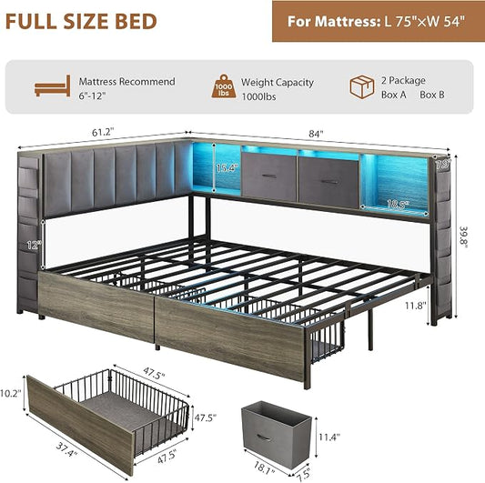 MapleGrace Full Corner Bed Frame with Upholstered Storage Headboard and Drawers, Metal Platform Bed Frame with LED Light and Charging Station, Full Daybed for Living Room, Bedroom & Guest Room, Gray