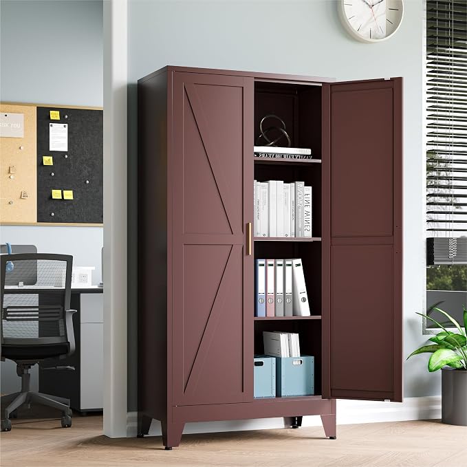 Baborokic 61H Metal Storage Cabinet with 2 Doors and Adjustable Shelves,Farmhouse Storage Cabinet with Barn Doors,Pantry Storage for Home,Office,Dining Room,Kitchen(Burgundy)