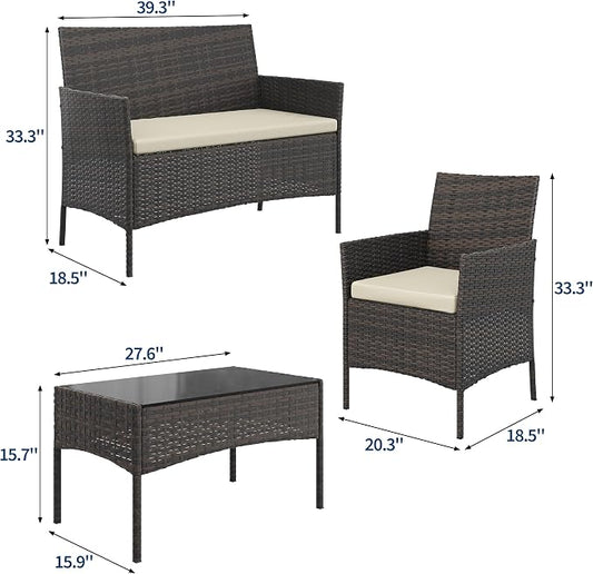 4 Piece Patio Furniture Set, Outdoor Deck Rattan Chair Wicker Combo Furniture, All Weather Dialogue Rattan Sofa with Upholstery and Glass Table for Garden, Backyard, Porch, Lawn, Pool, Brown+White