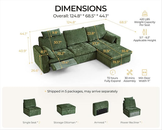124.8'' Oversized Power Recliner Sofa with Headrest, Extra Wide Modular Cloud Sectional Reclining Couch, Convertible 4-Seater with Storage Ottoman for Home Theater Living Room, Chenille, Green