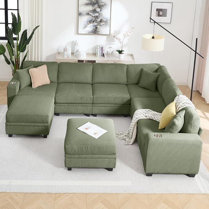 127" Modular Sectional Sofa with Storage, Corduroy 8-Seater V-Shaped Sofa with Ottoman Chaise, Convertible L-Shaped U-Shaped Cloud Sectional Couches for Living Room, Apartment