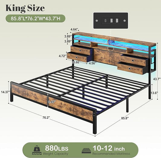 Homkdom King Bed Frame with 3-Tier Storage Headboard & 4 Fabric Drawers, Metal Platform Bed Frame with LED Light & Charging Station,Noise-Free,No Box Spring Needed,Easy Assembly,Rustic Brown