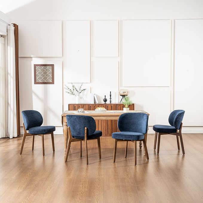 YOUNIKE Dining Chairs Set of 6 Modern Kitchen Dining Room Chairs Navy Blue | Chenille Fabric Upholstered Armless Side Chair with Back Wide Padded Seat with Wooden Leg for Kitchen Dining Living Room