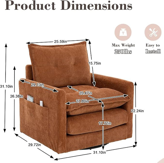 Swivel Accent Chair, Modern Swivel Barrel Chair for Living Room, 360 Degree Comfy Square Accent Barrel Chair, Upholstered Sofa Armchair for Bedroom,Reading, Chenille, Brown