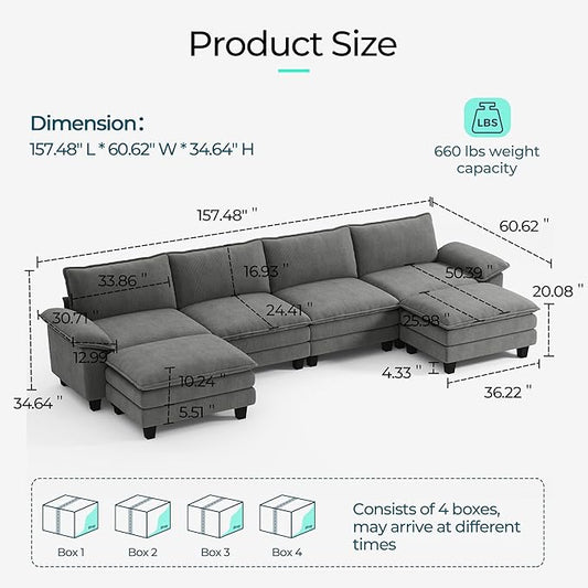 LINSY HOME 157'' Modular Sectional Sofa 4 Seat Couch Corduroy Cloud Couch with Deep Seat, Modern U-Shaped Cloud Couch with 2 Movable Ottoman for Living Room, Office, Bedroom, Grey