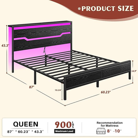 Homkdom Queen Bed Frame with USB Ports & LED Lights, Headboard Shelf, Heavy Duty Metal Platform with 10.24" Underbed Storage, Noise-Free Slats, No Box Spring Needed, Modern Black