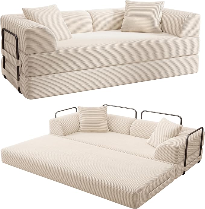 Cloud Boneless Convertible Floor Sofa Bed, 70" 5-in-1 Foldable Compressed Loveseat Lounge Sleeper 2 Seater Couches, High-Density Sponge & Corduroy Fabric Futon Daybed for Living Room Bedroom(Beige)