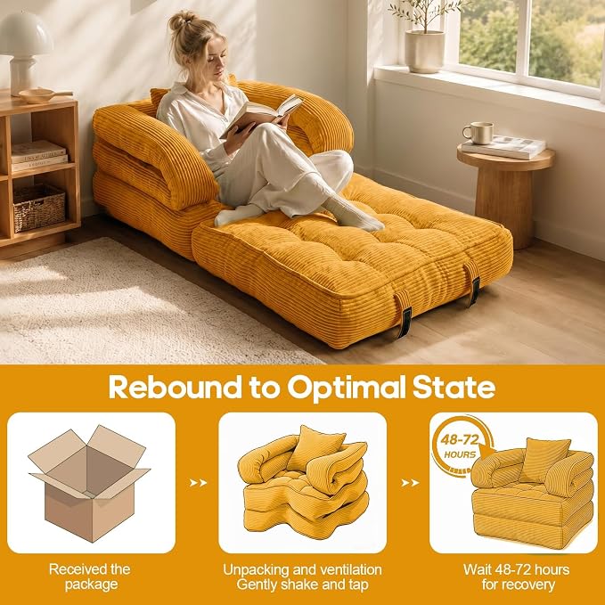 Folding Sofa Bed, Convertible Sleeper Chair with Armrests, Corduroy Foldable Boneless Bed, 3-in-1 Portable Futon Couch Floor Sofa with Pillow for Bedroom, Living Room, Orange