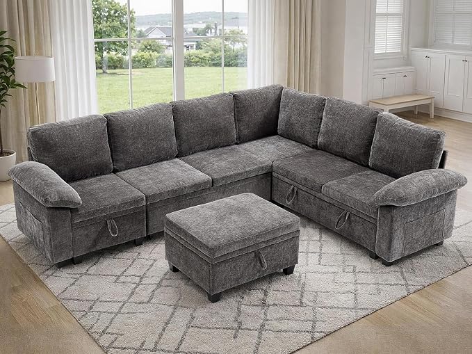 108" Modular Sectional Sofa Bed with Storage, L Shaped Pull Out Couch, Removable Chenille Sofa Cover for Living Room (Grey, 7 Seat)
