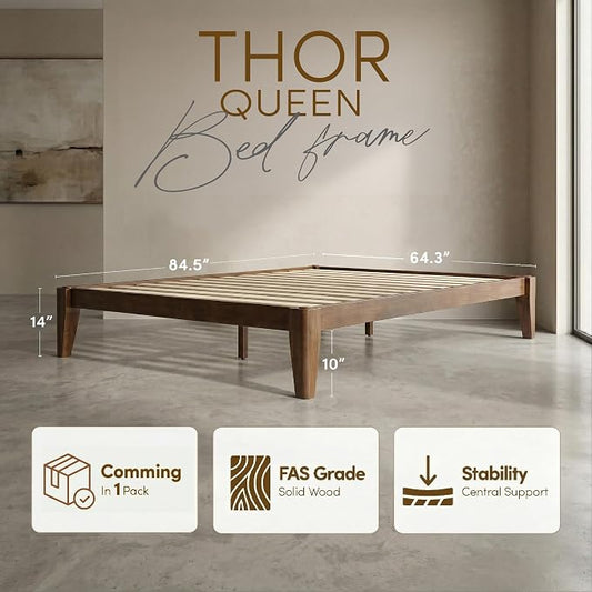 Thor Premium Solid Wood Bed Frame Queen, Japanese Joinery Bed Frame with Wood Slat Support, Platform Bed, No Box Spring Needed, Easy Assembly, Minimalist & Modern Style (Walnut)