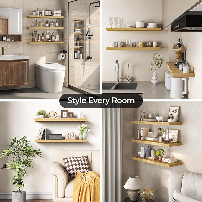 Fun Memories Floating Shelves for Wall 16 Inch Set of 3, Farmhouse Floating Shelves with Invisible Heavy Duty Bracket, 10 Inch Deep Bathroom Shelves for Storage, Living Room, Kitchen, Decor, Oak