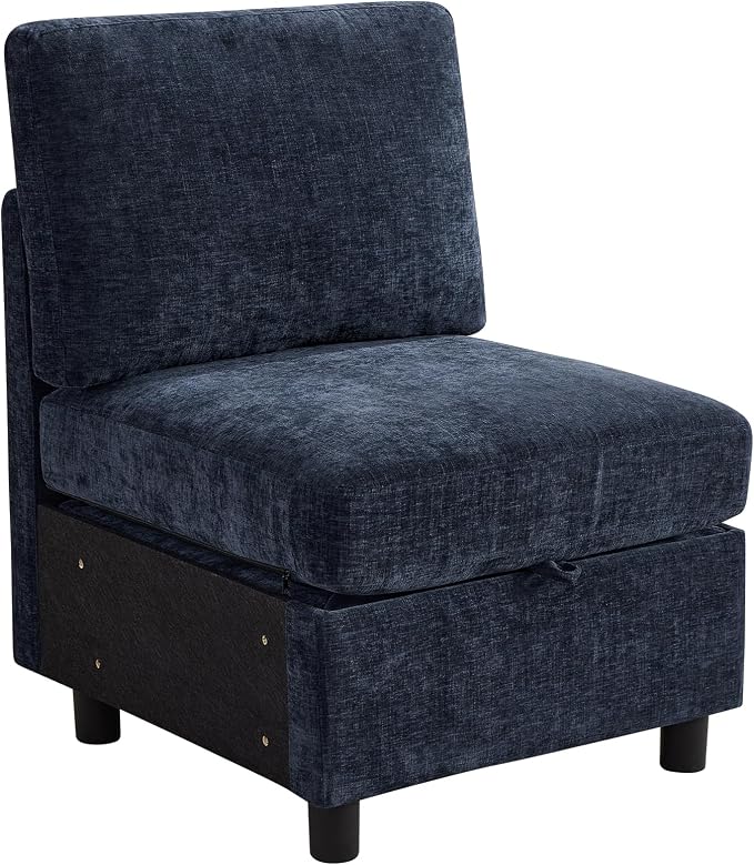 WUTUTUEE Middle Seat Module for Modular Sectional Couch Sofa, Living Room Accent Armless Sofa Chair with Storage & Pillow, Modern Side Sectional Middle Unit, Chenille Navy