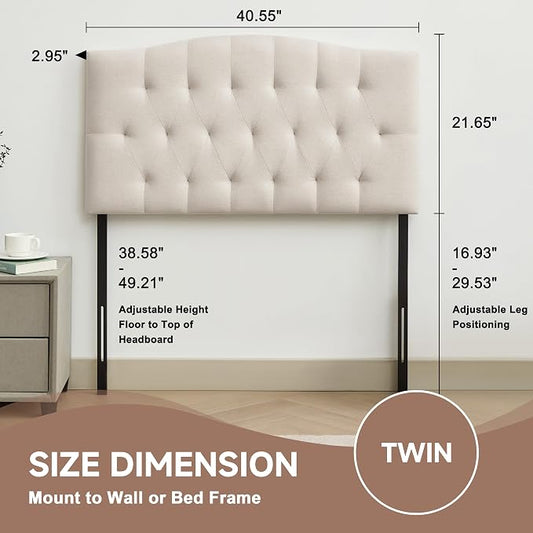 Tufted Upholstered Twin Headboard Only, Adjustable Heige 38-50 in, Beige | Twin Size Headboard for Dorm Bed, Durable Linen Fabric Headboards, Twin XL Headboard with Modern Diamon Design Wood