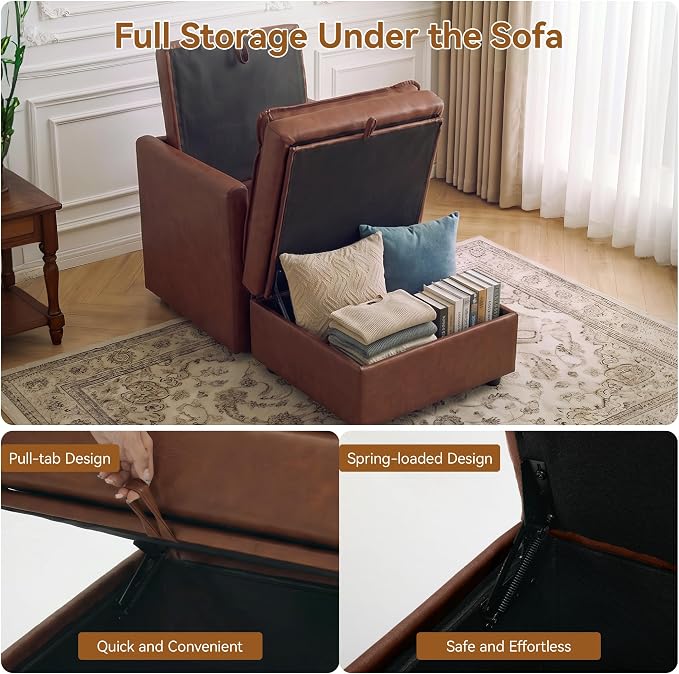 30" Brown Faux Leather Storage Sofa Chair, Single Accent Chair with Ottoman | Modern Upholstered Deep Seat Sofa Chair, Comfort for Reading, Lounging, and Small spaces, Armchair for Living Room, Bedroom