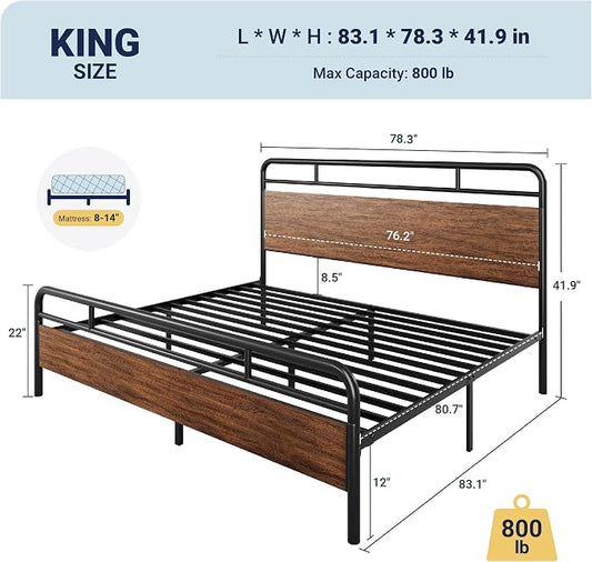 Allewie King Size Platform Bed Frame with Wooden Headboard and Footboard, Heavy Duty 13 Metal Slats Support, Under-Bed Storage, No Box Spring Needed, Noise Free, Easy Assembly, Walnut