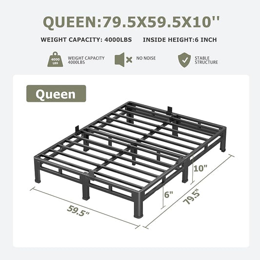 NKZ 10 Inch Queen Size Bed Frame, Metal Bed Frame & Box Spring 2 in 1 Platform with Round Corner Legs, 4000lbs Weight Capacity Reinforced Low Profile Metal Frame, Noise-Free, Easy Assembly