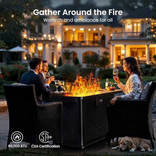 Ciays 43-Inch Rectangular Propane Fire Pit Table - 60,000 BTU, CSA-Certified 2-in-1 Design, 304 Stainless Steel H-Burner, Included Cover & Lava Rocks - Ideal for Gatherings & Parties