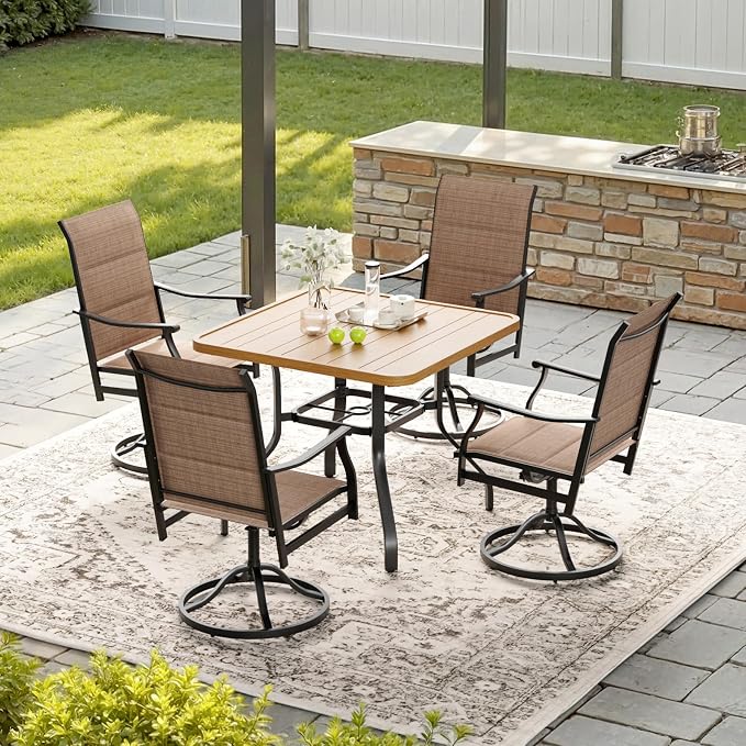 Soohow Patio Dining Set for 4, 5-Piece Outdoor Dining Set 4 x Swivel Patio Chairs and 35"x35" Outdoor Dining Table with 1.57" Umbrella Hole, Wood-Like, for Poolside, Backyard