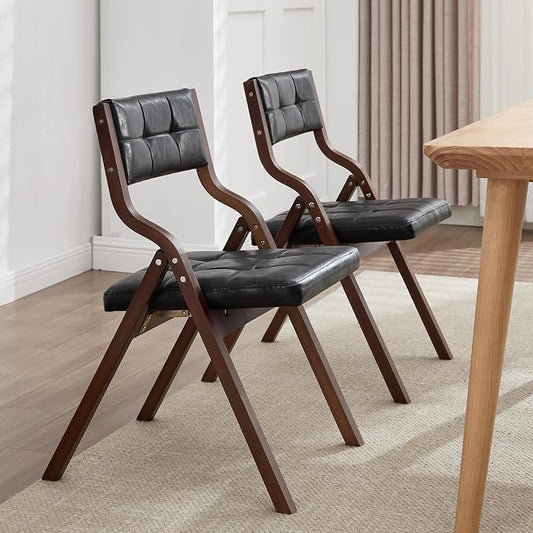 2-Pack Folding Dining Chairs with Cushion,Faux Leather Padded Foldable Dining Chairs,Portable Wooden Folding Chairs for Dining Rooms Kitchen Wedding and Party Indoor Black