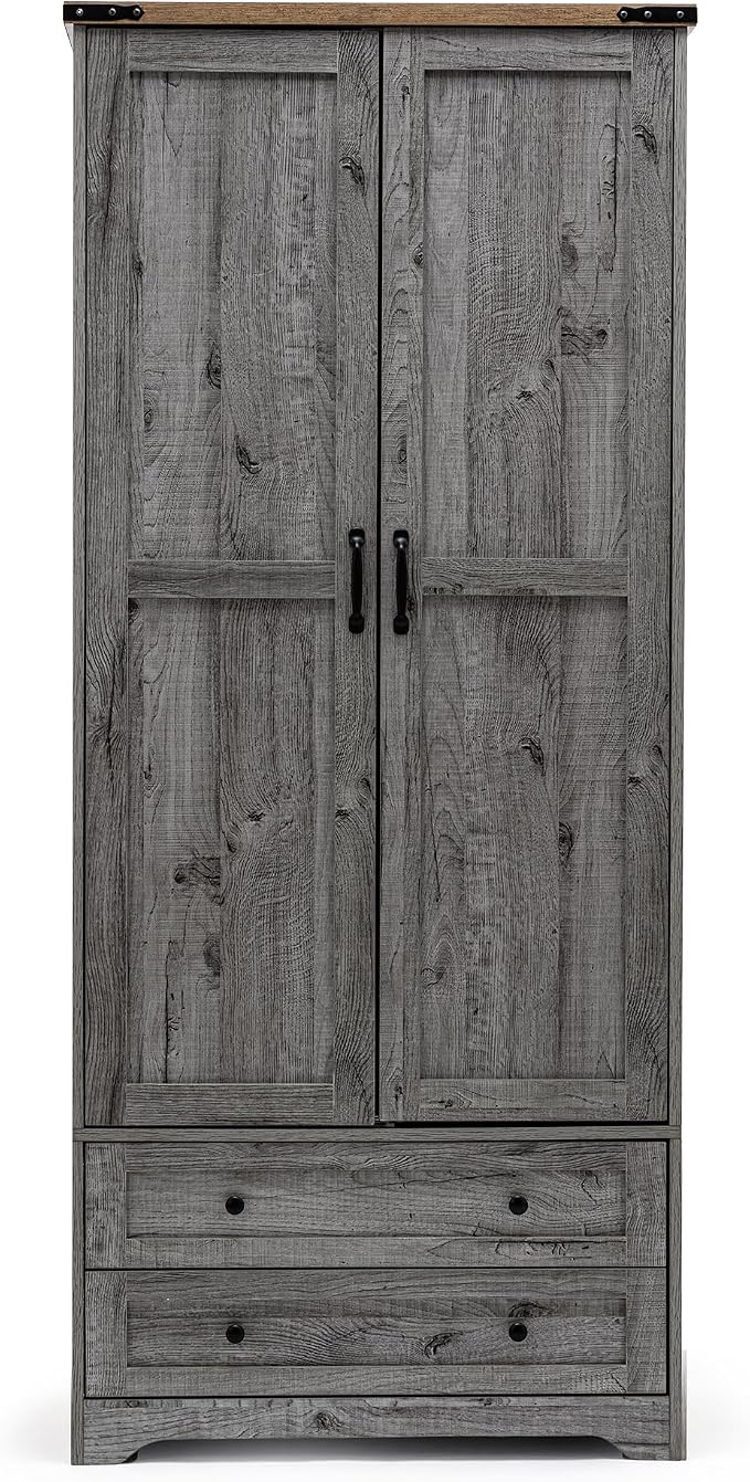 Yechen 71" Wooden Armoire Wardrobe Closet - Modern Functional Clothes Tall Storage Cabinet with Adjustable Shelf and Hanging Rail, Sturdy Freestanding Closet Wardrobe with 2 Wide Drawers for Bedroom