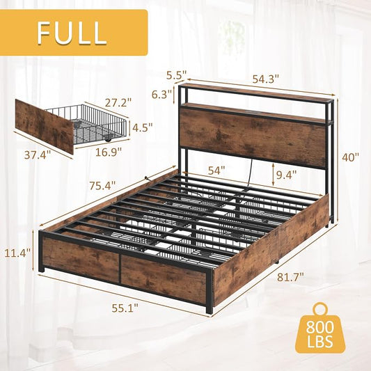 Lifezone Full Bed Frame with 2-Tier Storage Headboard, Metal Platform Bed Frame with 4 Storage Drawers, Built in Charging Station & LED, Noise-Free/Metal Support/No Box Spring Needed, Vintage Brown