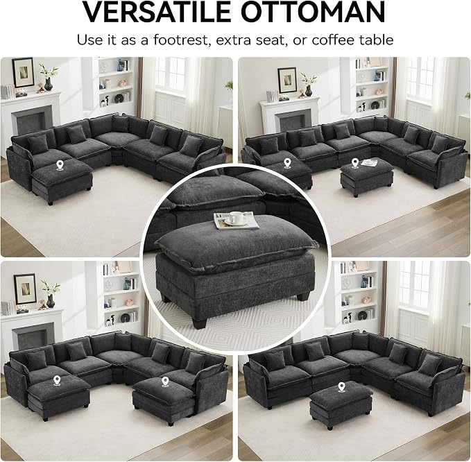 35‘’ Modern Chenille Cloud Sofa Ottoman,Rectangle Ottoman for Modular Sectional Sofa, Dark Grey