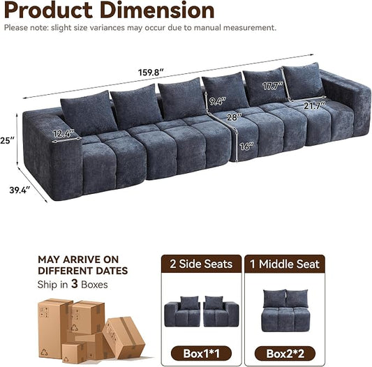160" Oversized 6 Seater Boneless Couch, Comfy Cloud Modular Sectional Sofa with Deep Seat, Modern Boneless Memory Foam Couches for Living Room, Tufted Sofa, No Assembly Required, Blue