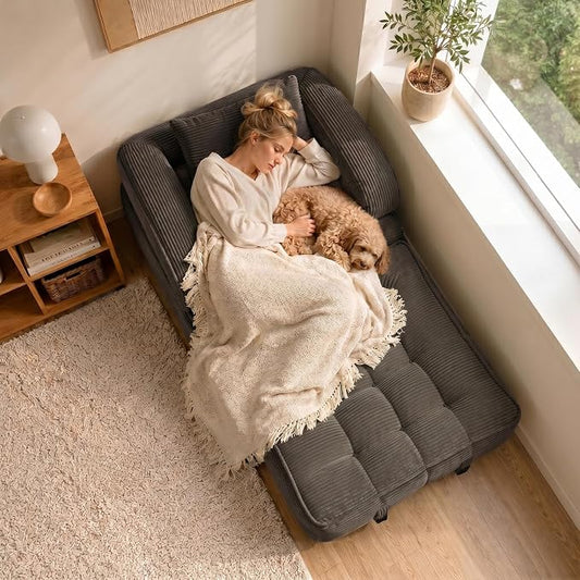 Folding Sofa Bed, Convertible Sleeper Chair with Armrests, Foldable Corduroy Boneless Bed, 3-in-1 Portable Futon Couch Floor Sofa with Pillow for Bedroom, Living Room, Coffee