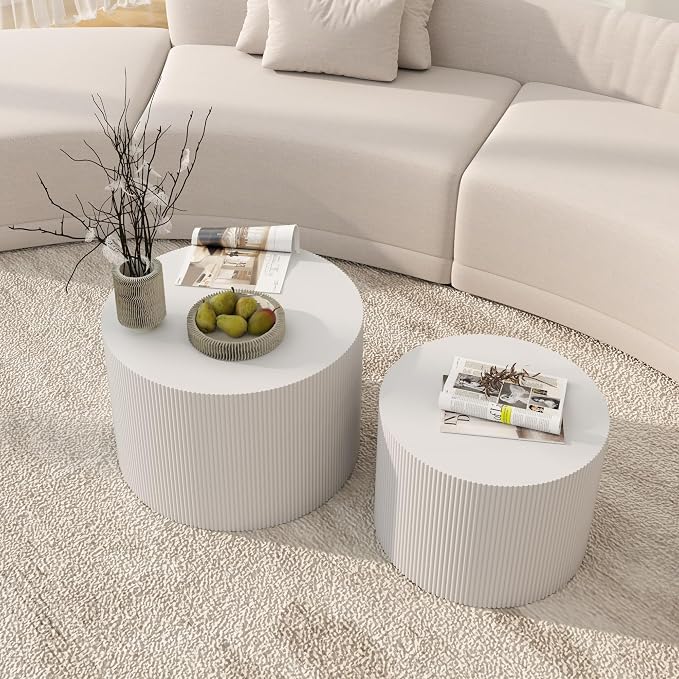 Otterease Round Coffee Table Set of 2, Modern Wooden White Nesting Tables for Living Room, No Assembly Required Circle Side Tables Set Accent End Table for Bedroom, Balcony