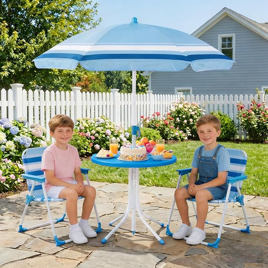 Olakids Kids Picnic Table, Outdoor Toddler Patio Furniture Set with 2 Folding Chairs Adjustable Foldable Umbrella for Garden Backyard Beach (Blue)