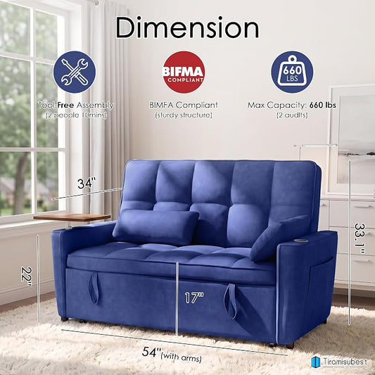 54'' Sleeper Sofa Bed, Convertible Pull Out Couch Futon for for Living Room,Apartment (Blue) Side Desk, USB Ports, Cup Hold, Velvet Fabric, Adjustable Backrest, Easy Assembly