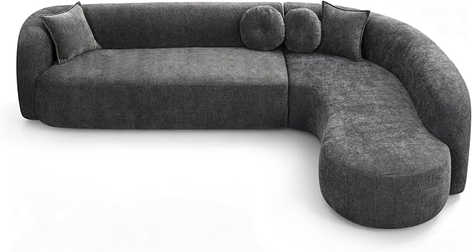 Curved Sectional Sofa with Chaise, 128" Oversized Cloud Couch, Chenille Fabric, High-Density Foam, Deep Seating, No Assembly, L-Shaped Sectional, Modern Living Room Sofa, Gray+Charcoal