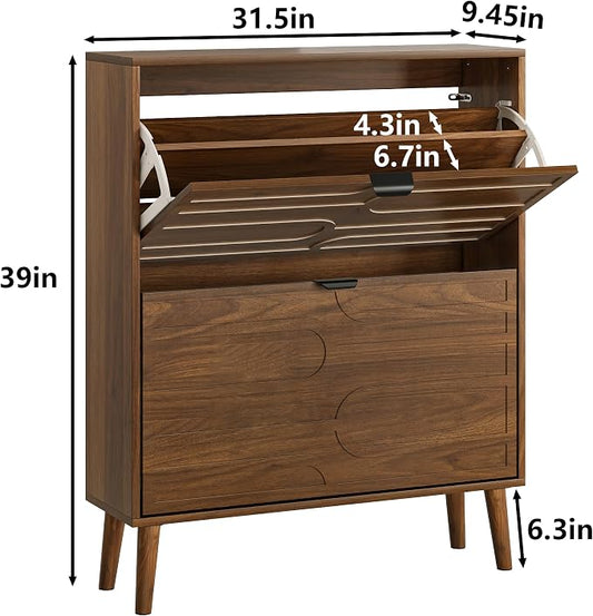 Shoe Cabinet Storage for Entryway with 2 Flip Drawers, Narrow Shoe Cabinet with Black Handles for Entryway, Hidden Slim Shoe Organizer Rack, 31.5" w x 9.45" D x 39" H